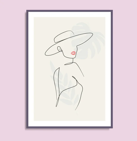 Mujer Sombrero Chica Cara Figura Con Sombrero Línea Arte Cartel — Vector de stock