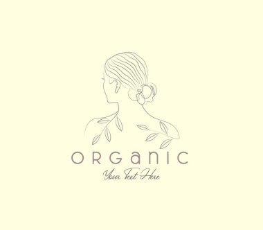 Çiçekli kadın poz çizgisi çiziyor organik yapraklar çiziyor kadınsı çizgi logosu