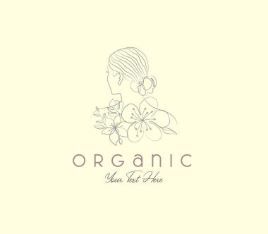 Çiçekli kadın arka görüş çizgisi sanat organik kadınsı doğrusal logo çiziyor