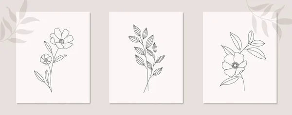 Fleurs Feuilles Plantes Ligne Art Dessin Affiche Naturelle Mur Art — Image vectorielle