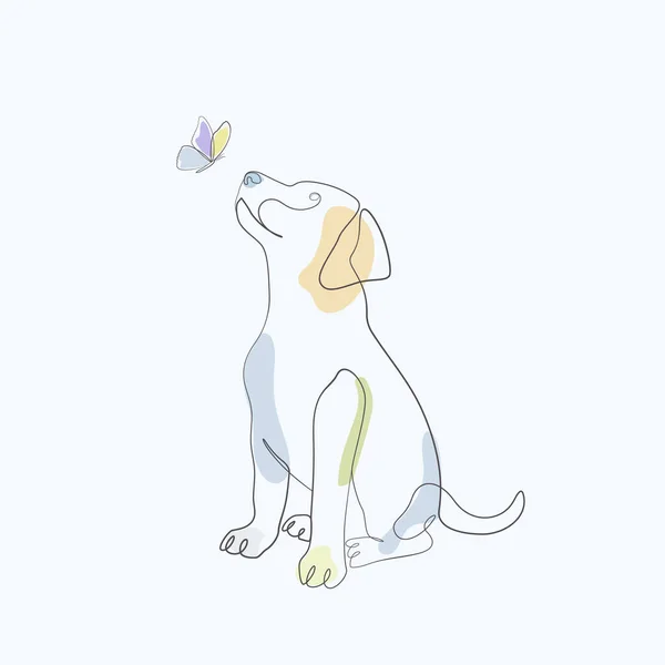 Hund Und Schmetterling Eine Linie Kunst Zeichnung Farbe Kunstwerk — Stockvektor