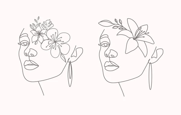 Blumen Frauen Schönes Gesicht Weiblich Mit Lilie Linie Kunstwerk — Stockvektor