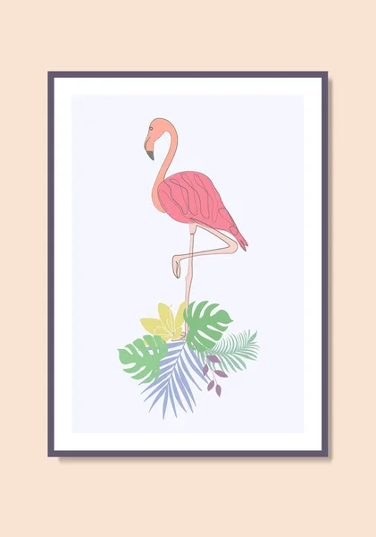Фламинго Тропические Листья Монстры Линии Рисунок Стены Художественной Печати Холст — стоковый вектор