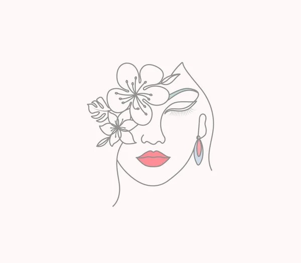 Dessin Ligne Visage Féminin Minimaliste Fleur Cerise Oeuvre Art Féminin — Image vectorielle
