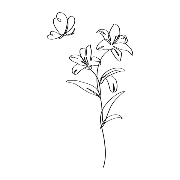 Fleurs Lilium Avec Des Papillons Continue Illustration Dessin Ligne — Image vectorielle