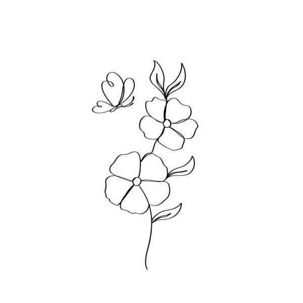 Bloeiende Bloemblaadje Van Bloemen Tak Met Vlinder Blijft Lijn Illustratie — Stockvector