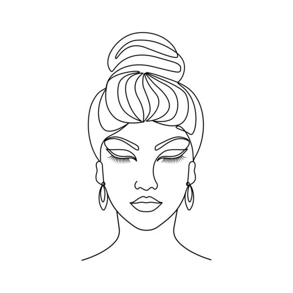 发髻型睫毛眉毛耳环闭眼线画 简约主义女性面对女性艺术的轮廓 — 图库矢量图片