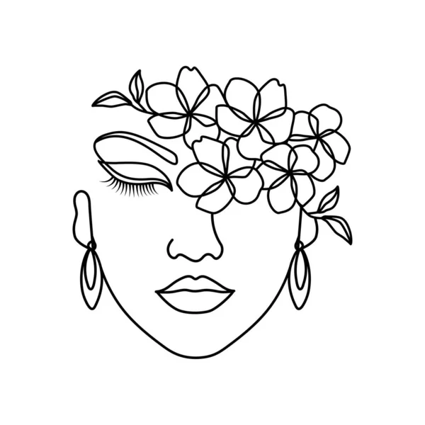 美しい女性がヘッドラインアートを咲かせます まつげと眉イヤリング美容院のロゴとアイコンのリニアアートワークイラスト — ストックベクタ