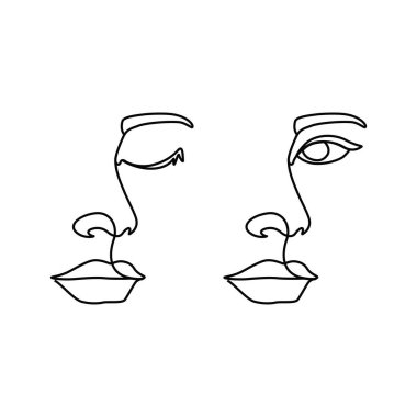 Kadınların dudakları kirpik kaşlar bir çizgi sanat açık gözler ve kapalı gözler minimalist tek çizgi çizim çizimi. 