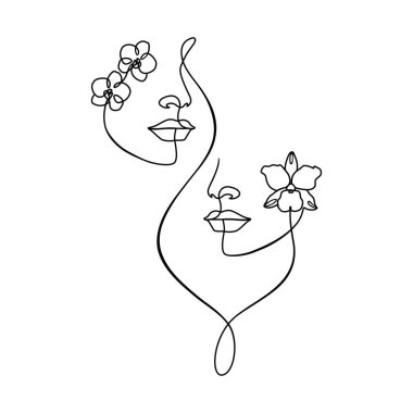 Güzel dekoratif kadın yüzleri ve çiçeklerin kesintisiz bir çizgisi minimalist tek çizgi sanat kadını postersel çizimlerle yüzleşir.. 