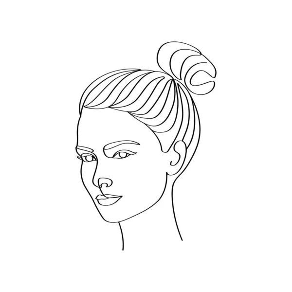 Continuous One Line Art Beautiful Women Faces Hair Bun Hairstyle — Stock Vector