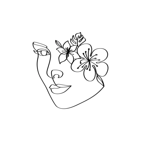 女性的脸与花女性的头装饰女性的花线形轮廓画图 — 图库矢量图片