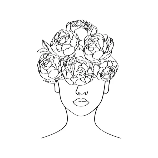 女性の装飾的なヘッド 花ライン 芸術の優雅さ ミニマリストの線形のグラフィック アートワークのイラスト — ストックベクタ