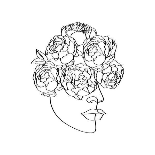女性の頭とコニーの花リニア美しい女性の装飾的なエレガンスミニマリストグラフィックアートワークイラスト — ストックベクタ