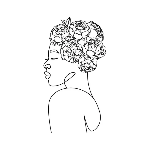 Afrikanska Amerikanska Kvinnors Huvuden Med Pion Blommor Linje Konst Minimalistisk — Stock vektor