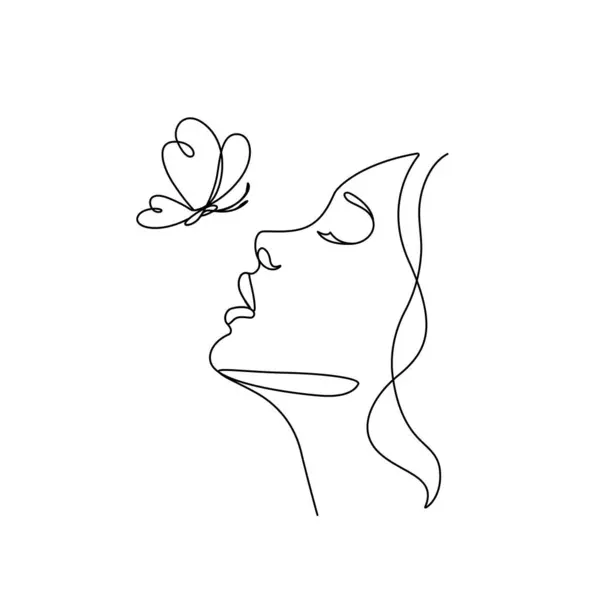 Kadın ve kelebek yüz portresi zarafet minimalist doğrusal sanat. 