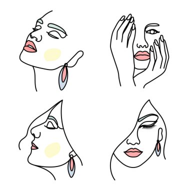 Güzel ciltli bir kadının yüzünün vektör çizimi.