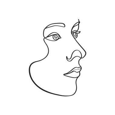 Sürekli tek bir çizgi çizen soyut bir yüz. Vektör çizimi. Tek eli çizilmiş bir kadın kafası çizmeye devam ediyor. Minimalizm. minimalizm