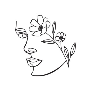 Kadın kafası, çiçek portresi olan gözler. Dişi doğrusal çizim. Flowers Head Kadın Çizgisi Çizimi. Gerçeküstü Modern Minimalist Sanat. Güzellik Salonu logosu. Çok az özet var..