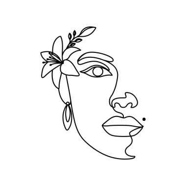 Güzel bir kadın yüzünün sürekli çizimi. Bir çizgi, minimalist tasarım. Güzellik, moda, kozmetik. minimalizm biçimi.