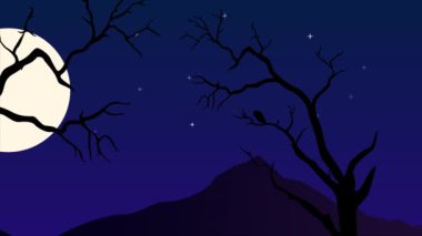 Dolunay ışığı. Duygusal gece. Tree Hill manzaralı animasyonda üzgün kuş. Canlandırılmış Ay ve yıldız gece görüntüsü. 
