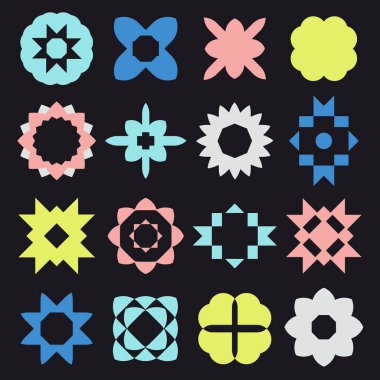 Basit soyut geometrik vektör şekillerinin toplanması. Kalın renk tayfı. Canlı tasarımlar. 