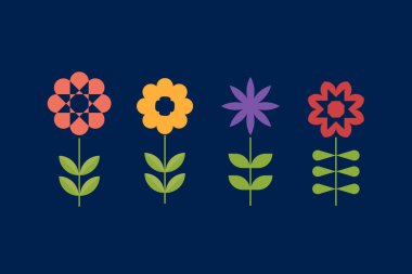 Bitki ikonları, elementler ayarlandı. Renkli bahar çiçekleri renklidir ve botanik türleri düz dizaynlıdır. Doğa çiçekleri dekoratif elementler açar..