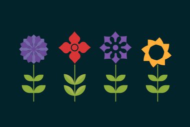 Bitki ikonları, elementler ayarlandı. Renkli bahar çiçekleri renklidir ve botanik türleri düz dizaynlıdır. Doğa çiçekleri dekoratif elementler açar..