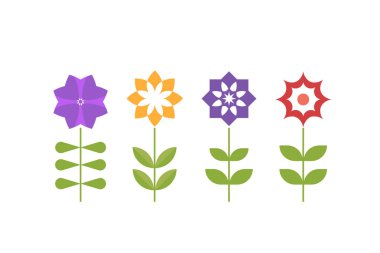 Bitki ikonları, elementler ayarlandı. Renkli bahar çiçekleri renklidir ve botanik türleri düz dizaynlıdır. Doğa çiçekleri dekoratif elementler açar..