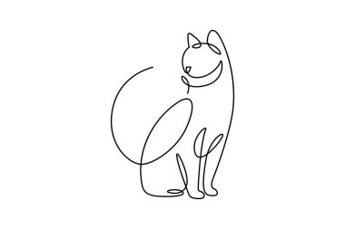 Sürekli çizilen bir kedi oturma çizgisi. Hayvan silueti basit asgari doğrusal şekilde.