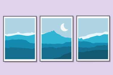 Doğal manzara, basılabilir ay ve tepeler posteri. Modern çerçeveli tuval, az sayıda Vektör illüstrasyon sanatı basıyor. Zarif dağ düz iç tasarım. 