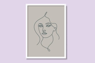 Kadınsı doğrusal basılabilir poster tasarımı. Modern sürekli tek çizgili çerçeve resimleri en az vektör illüstrasyonunu yazdırır.