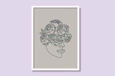 Kadınsı doğrusal basılabilir poster tasarımı. Modern çiçek başı, minimum vektör illüstrasyonuyla sürekli tek çizgili çerçeve baskıları.