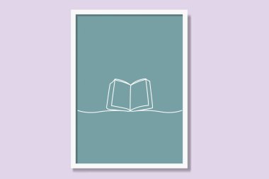 Açık kitap doğrusal basılabilir poster tasarımı. Modern sürekli tek çizgi çerçeve çerçeve baskısı minimum vektör.