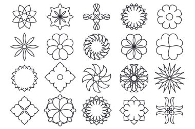 Dekoratif çizim geometrik şekiller. Ba 'nın arka planında izole edilmiş elle çizilmiş çiçek grafik vektör çizimleri. Çiçek işleme elementleri koleksiyonu..