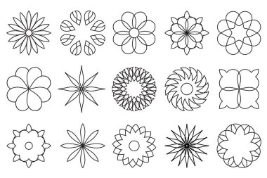 Dekoratif çizim geometrik şekiller. Ba 'nın arka planında izole edilmiş elle çizilmiş çiçek grafik vektör çizimleri. Çiçek işleme elementleri koleksiyonu..