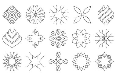 Dekoratif çizim geometrik şekiller. Ba 'nın arka planında izole edilmiş elle çizilmiş çiçek grafik vektör çizimleri. Çiçek işleme elementleri koleksiyonu..