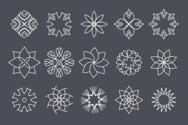 Dekoratif çizim geometrik şekiller. Elle çizilmiş çiçek grafik vektör çizimleri ba siyah arka planda izole. Çiçek işleme elementleri koleksiyonu..