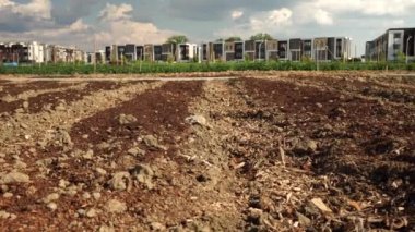 Urban gardening soil for vegetables food farming. City small urbanized farm for growing organic veggies in the city. Agriculture of hand grown food concept. Self sustained system of gardening.