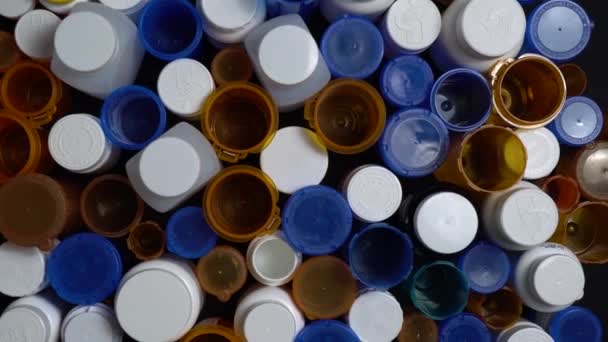 Many Prescription Drugs Pills Bottles Pharmaceutical Generic Drugs Empty Plastic — Stock Video