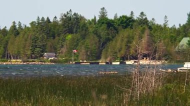 Lake at summer with wooden cottages and log cabins at the lakeshore in North America. Rural area view with green forest and lake in peninsula. Fishing Lodge at waterfront an summer huts with terrace.