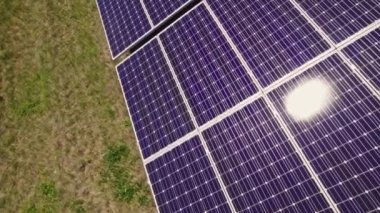 Violet blue purple solar panels of power plant in the field with sun light glare. Green renewable energy and environmental protection. Technology of alternative electricity sources.