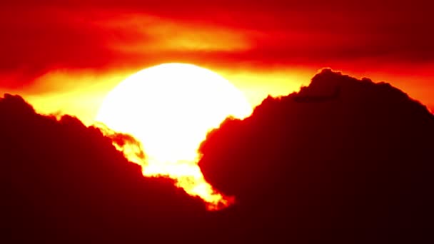 Silhouette Eines Passagierflugzeugs Fliegt Bei Epischem Roten Sonnenuntergang Heißen Sommer — Stockvideo