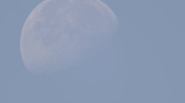 Mavi sabahta olağandışı beyaz ay yaz mevsiminde berrak gökyüzünde. Astroloji ya da astronomi gezegeni zaman aşımı. Ay gün doğumunda gökyüzünde görünür..
