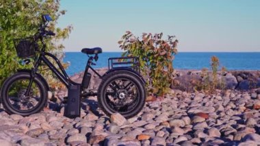 Electric bicycle or e bike in the park in sunny summer day near lake. Shot from the side. Lot of lighting. The view of the trike e motor and power battery of the three wheel bike.