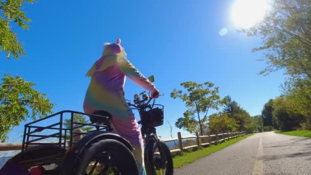 森の公園で晴れた日に電動自転車 電子自転車や自転車に乗って愚かなユニコーンのピジャマのドレスで旅行者の女性 夏の稲妻だ アクティブな観光 北アメリカの公園での乗り物 — ストック動画
