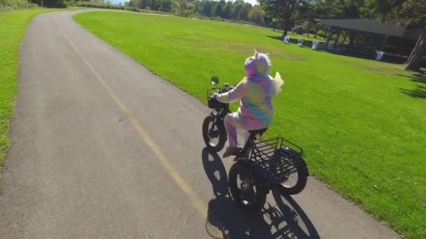 緑豊かな都市部の公園歩道で電動自転車に乗るユニコーンの衣装でサイクリスト 生態学の概念 横から撃たれた — ストック動画