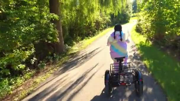 面白いとクレイジーカラフルなユニコーンのドレスで女性電動自転車に乗って 晴れた日に幸せな笑顔 緑の公園の歩道で自転車に乗って楽しい時間を過ごしている陽気な幸せな女性 生態学の概念 — ストック動画