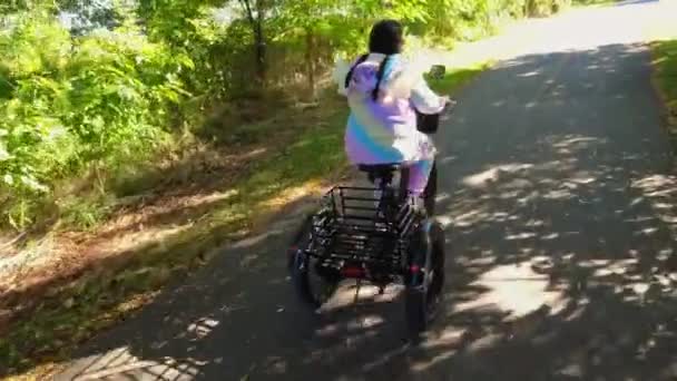 骑着独角兽装束的自行车骑着电动自行车在绿城地区公园小径上骑行 生态概念 从侧面开枪 — 图库视频影像