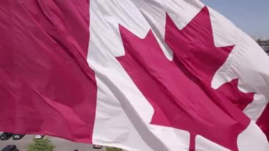 Toronto, Ontario, Canada - August 2, 2022: Flag of Canada flying against a summer blue sky. Canadian flag waving on the wind. Canadian flag with maple leaf on the pole slow motion movement.